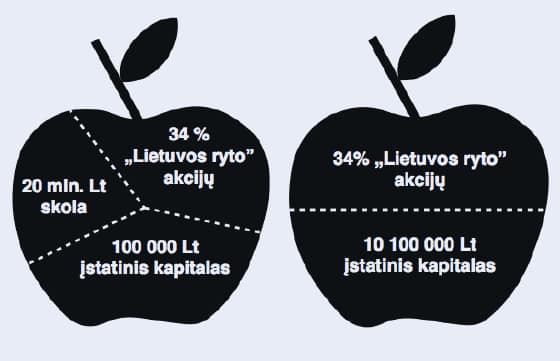 Obuolys kairėje - tokia UAB „Snoras Media“, kokią buvo siūloma pirkti praeitų metų pavasarį paskelbto konkurso dalyviams, obuolys dešinėje - tokia, kokią nusipirko B. Gudelis.