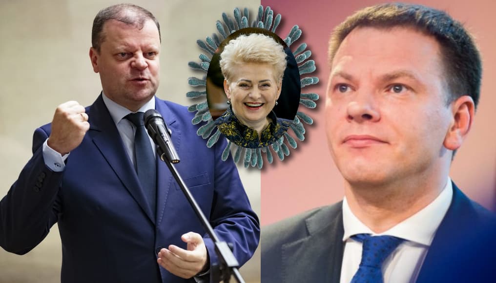 Ar S. Skvernelis (kairėje) apsispręs atsisakyti D. Grybauskaitės primesto finansų ministro Viliaus Šapokos (dešinėje)? Viduryje – asociatyvus koronaviruso atvaizdas.
