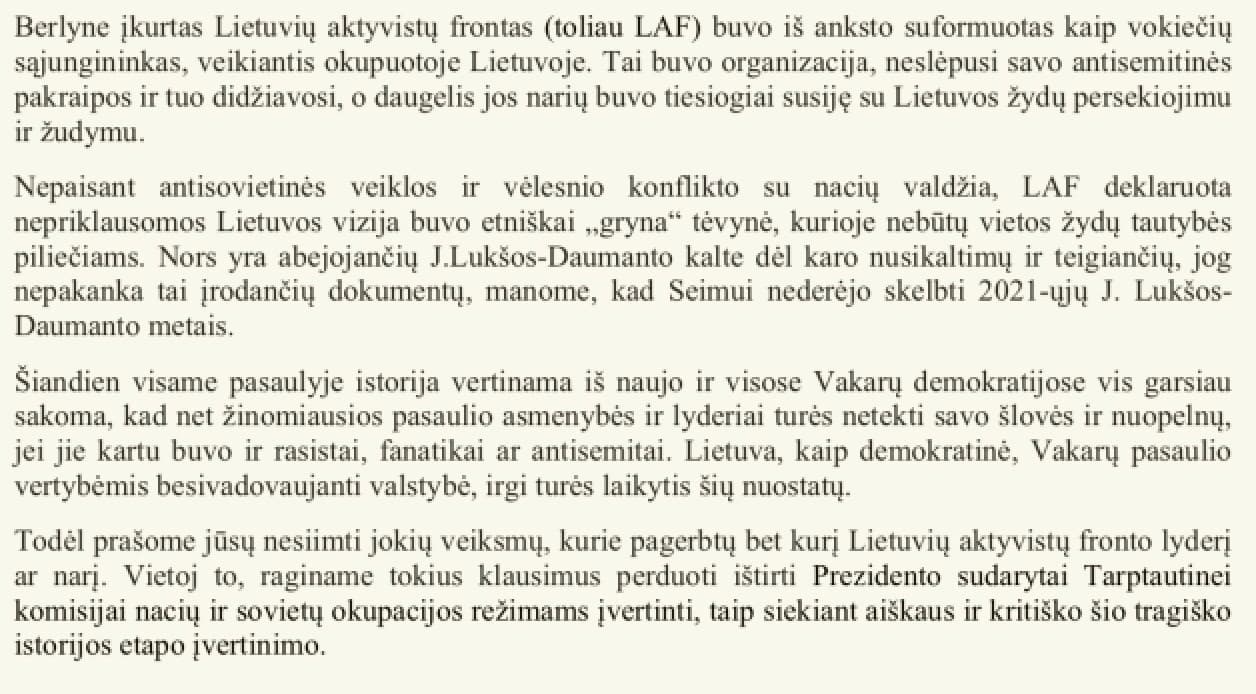 Geros valios fondo pirmininkų Fainos Kukliansky ir Rabino Andrew Baker laiškas Seimo pirmininkui