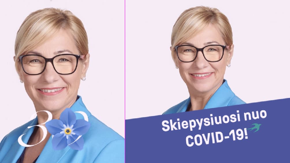 Visuomeniniuose tinkluose J. Šiugždinienėmėgsta save rodyti pasidabinusia mėlyna gėle. Moteris taip pat turi pomėgį informuoti, kad skiepysis nuo koronaviruso. Nuotr. facebook.com