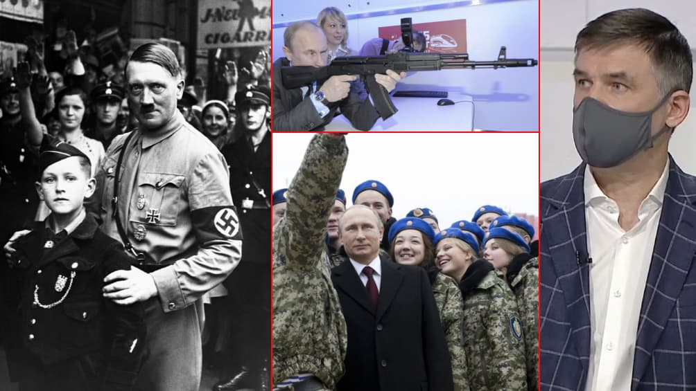 Kairėje - nacių lyderis Adolfas Hitleris su Hitler-Jugend'iečiu. Viduryje - Rusijos prezidentas demonstruoja savo silpnybę militarizmui. Dešinėje - Lietuvos politikos mokslininkas Alvydas Medalinskas.