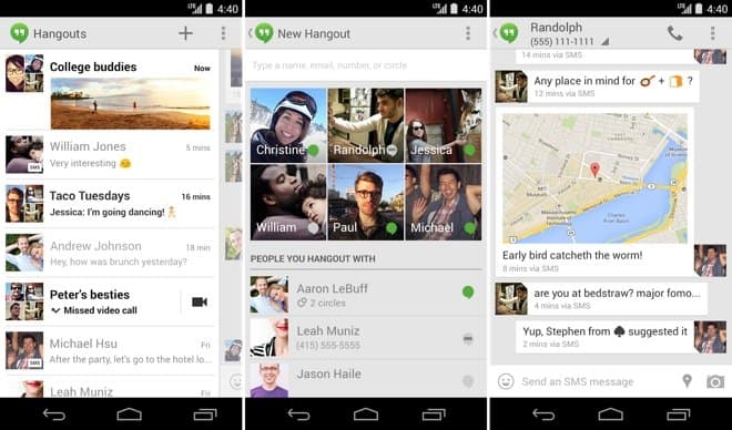 Po paskutinio atnaujinimo „Hangouts“ palaiko SMS/MMS